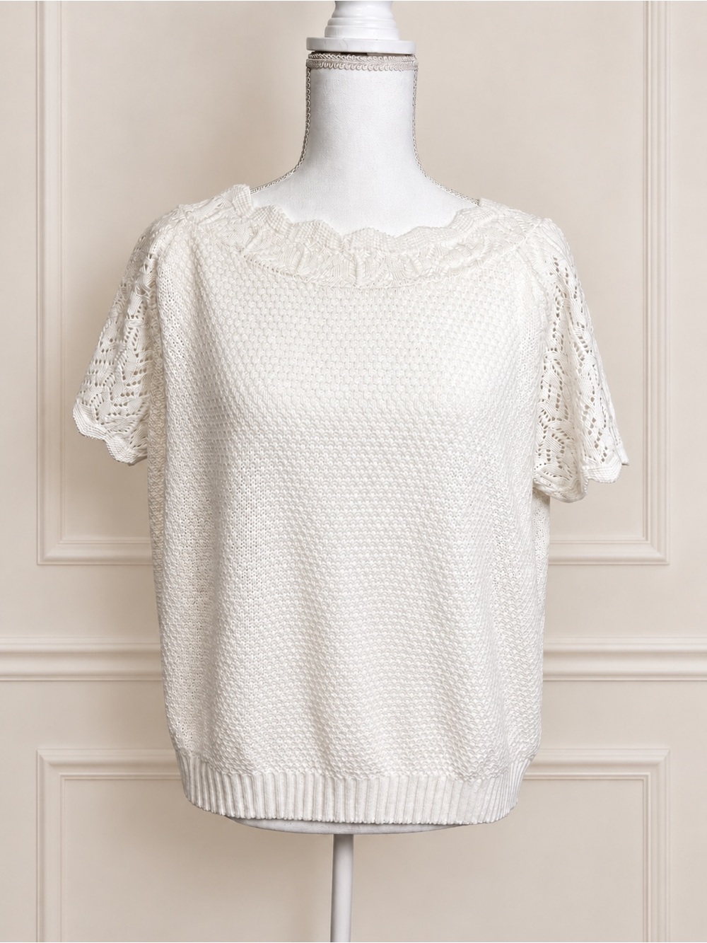 Vintage Ivory Pointelle Knit Flutter Sleeve Scalloped Sweater Top